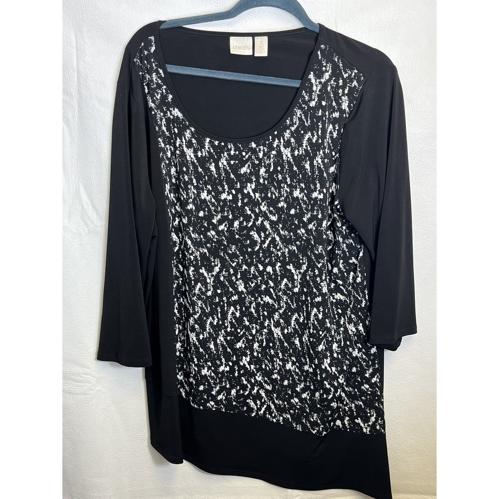 Chicos Womens XL Size 3 Black White Print Pullover Tunic Blouse Asymmetrical Hem